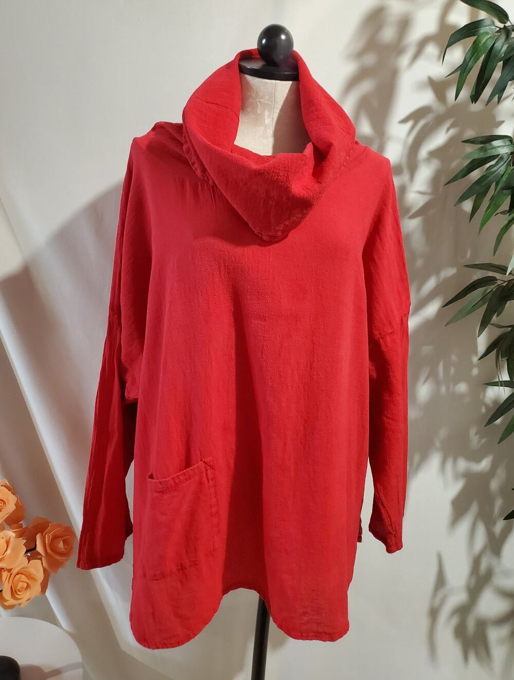 Oh My Gauze! Tortus Cowl Neck Boxy Pocket Tunic Top Womens OS Lagenlook Art Pink